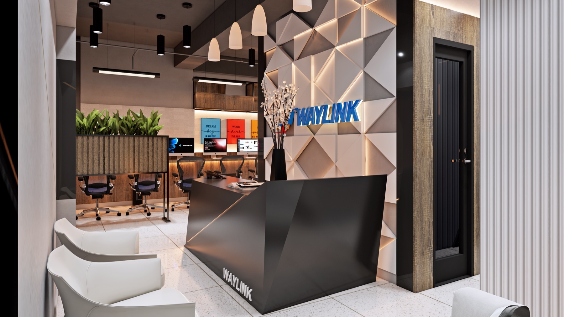 The Waylink reception in Islamabad, with the tri-strand logo behind the desk